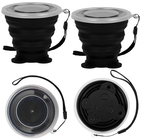 BELLE VOUS (Lot de 4 Gobelet Pliable Silicone de Voyage Noir avec Cordons - 180 ml - Verre Pliable Réutilisable avec Couvercle en Plastique - Gobelet Pliant pour Camping, Randonnée & Pique-nique