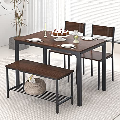 SogesHome Juego de Mesa de Comedor de 4 Piezas, Mesa de Comedor, 2 Sillas y Banco con Estante de Madera y Estructura de Acero para Cocina
