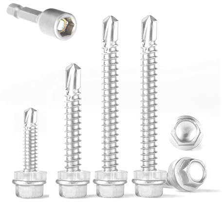 Self Tapping Screws Metal, 120pcs M4.8-16/25/38/50 Hexagonal Stainless Steel Self Drilling Screws and 1 Hexagonal Air Batch Socket Nuts and Bolts Set for DIY Plasterboard Number Plate Repair