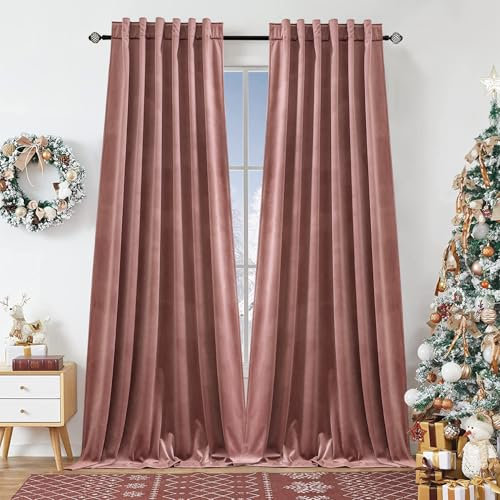 Dchola Wild Rose Velvet Curtains for Bedroom Window with Back Tab, Super Soft Vintage Luxury Heavy Drapes, Room Darkening Thermal Insulated Curtain for Living Room, W52 by L96 inches, 2 Panels
