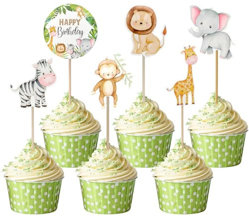 24 Stück Muffin Deko Tiere, Dschungel Cupcake Deko, Safari Cupcake Topper Torte Kuchen Deko, Waldtiere Theme Geburtstag Party Tortendeko Kuchendeko Geburtstagsdeko für Kinder Junge