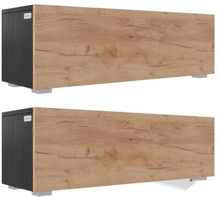 PLATAN ROOM Wandregal 105 cm breit hängende Nachtkommode Wandboard Nachttisch 2er Set Schweberegal Hängeregal Matt oder Hochglanz (2er Set, Schwarz Matt/Eiche Gold)