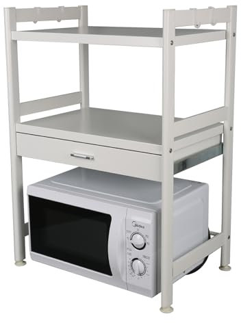 Estantería para microondas Organize con organizador extensible, de acero al carbono, soporte para microondas, 56 cm, color blanco, 3 niveles