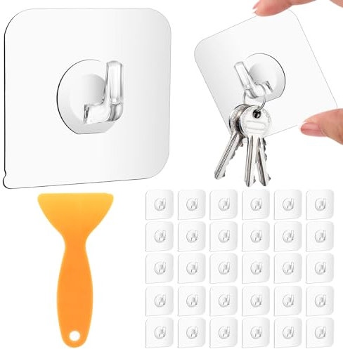 30 Pezzi Ganci Adesivi, Trasparenti Autoadesivo Gancio, Gancio Adesivo Bagno, Impermeabili Gancio Adesivo, Ganci Bagno Cucina, Riutilizzabili Ganci Forti Senza Cuciture, per Bagno, Cucina, Ufficio