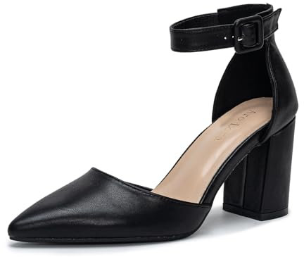 Womens High Heels Pointed Toe Court Shoes Smart Office Formal Work Pumps Block Ankle Strap Sandals Wedding Bridal Shoes BlackPU 5