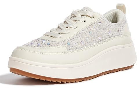 LUCKY STEP Baskets Tendance pour Femme - Chunky décontractées - Chaussures de Marche tressées rétro Scintillantes (Perle Beige, 9US-40EU-7UK)