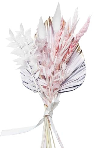 Dried Flowers for Cakes, Dried Flowers Bouquet, Gold Edge Palm White and Pink Wheats Flower Cake Decorations, Flower Cake Topper, cake decorations flowers for Wedding Birthday Party Valentine's Day