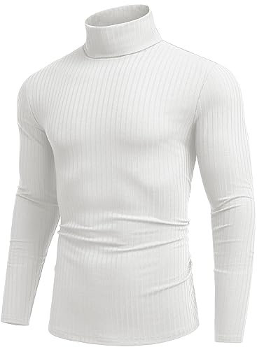 COOFANDY Pull à Col Roulé pour Homme T-Shirt à Manches Longues Chaud Casual Tricot Pulls Hiver Slim Fit Blanc M
