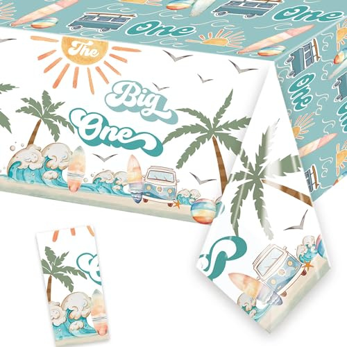 Surf The Big One Tablecloth Surfing 1st Birthday Table Covers for Hawaiian Palm Tree Retro Summer Beach Wave Theme Boy Surfing First Birthday Baby Shower Party Decorations Supplies