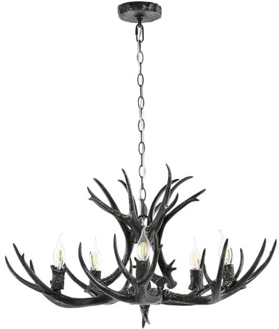 YFMYY Schwarze Geweih-Kronleuchter-Beleuchtung, 5-Licht-Harz-Hirschgeweih-Pendelleuchte, 30 Zoll große hängende Deckenlampe aus künstlichem Geweih für Kücheninsel, Wohnzimmer, Schlafzimmer, Esszimmer