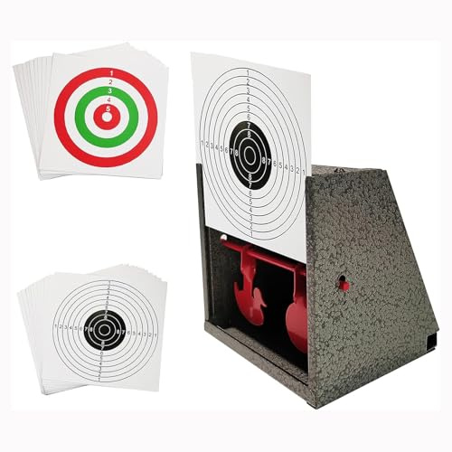 ATFLBOX Cible Tir Métallique 14 x 14 cm Réinitialisable Carabine à Plomb | Récupérateur de billes avec 20 cibles papier, cible acier pendulaire pour Airsoft, BB Gun, carabine à plomb et tir sportif