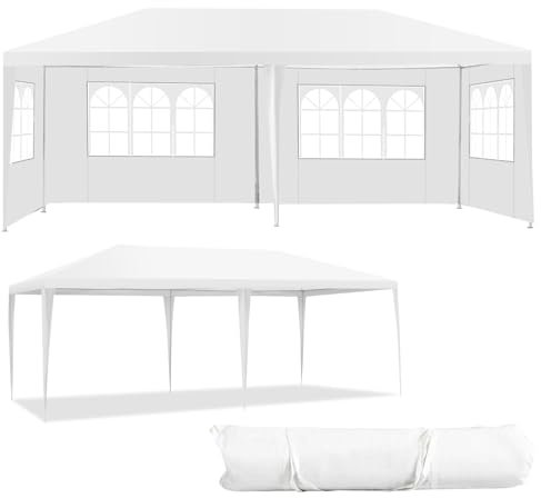 HOMASIS Gazebo Pieghevole 3 x 6 m, Tenda Impermeabile con Pareti Laterali e Finestre, Tendone da Giardino con Borsa per il Trasporto, Gazebo con Protezione UV per Matrimoni, Feste, Bianco (Modello 1)