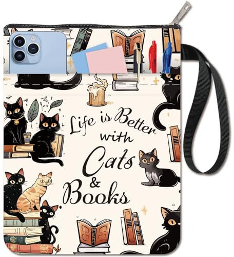 CRASPIRE Cat Words Book Cover Book Protector for Paperbacks Washable Fabric Cloth with Zipper and Extra Sleeve Pocket for Book Lovers Classmate Gifts