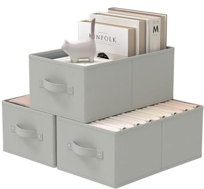 GUOHNHE Aufbewahrungsbox mit Griffen für Regal, 33x23x14 cm, Grau, 3er Set | Zusammenklappbar Stoffboxen, Aufbewahrungskorb für Schlafzimmer, Organizer aus Stoff,Oxford-Gewebe, pflegeleicht