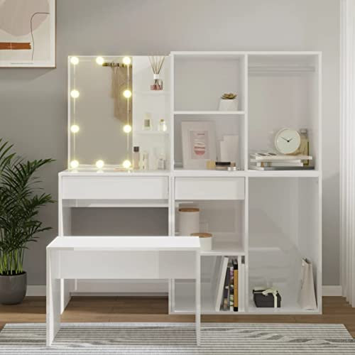Homgoday Set de table de toilette blanc brillant avec LED bois multicouche, coiffeuse avec miroir, poste de maquillage, coiffeuse de Tucco avec miroir, console de maquillage avec miroir, poste de