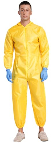 MSemis Arbeits-Overall mit Kapuze Herren Ganzkörper Langarm Jumpsuit + Latex Handschuhe Mechanisch Overall Schutzanzug Gelb S