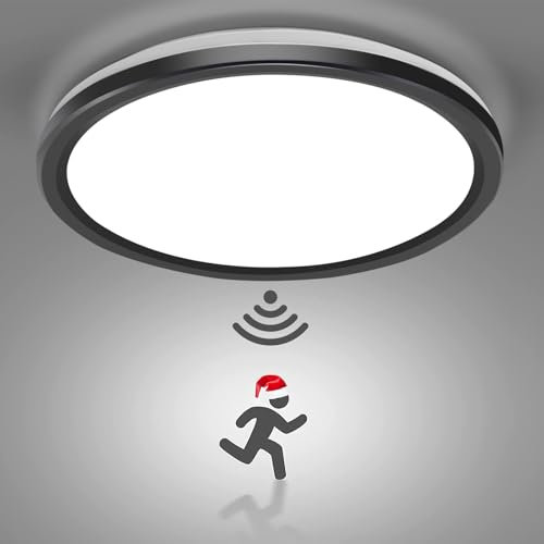 LED Deckenleuchte Mit Radar Bewegungsmelder, 18W 5000K Flach Rund Lampe, Wandleuchte für Balkon Keller Flur Garage - 22cm Schwarz