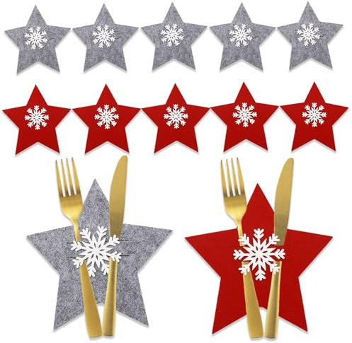 ParPix 12 Stück Besteckhalter Weihnachten Filz, Stern Bestecktasche Weihnachten Filz, Bestecktasche Filz Weihnachtsdeko Tischdeko, Rot Grau Weihnachtsdeko Tisch, Besteck Taschen für Neujahr Silvester