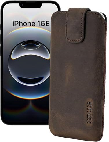 Suncase ECHT Ledertasche Leder Etui *Slim-Edition* kompatibel mit iPhone 16E Hülle (mit Rückzugsfunktion und Magnetverschluss) in antik-braun