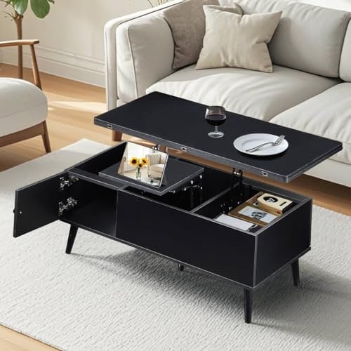 CLIPOP Couchtisch höhenverstellbarer,Doppelte Hubplatte,Versenkbarer Wohnzimmertisch, Kaffeetisch umwandelbar in Esstisch, Beistelltisch mit Verstecktem Fach, Sofatisch aus Holz,Schwarz
