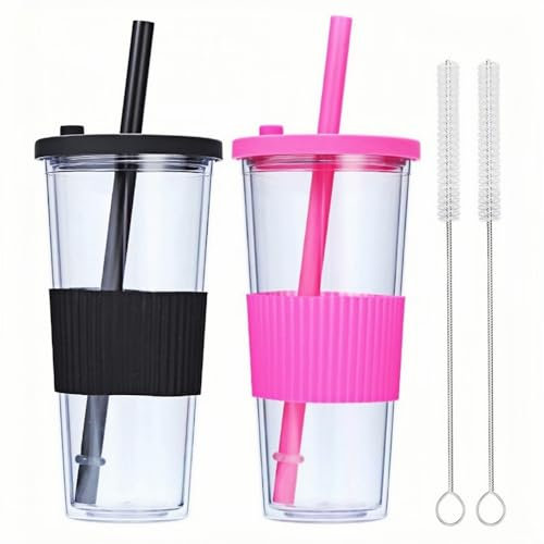 RYHMHA 2 Pack Reusable Boba Tea Cups, 710 ml/24 oz Clear Double Layer Plastic Insulated Mug with Wide Straw and Lid, Iced Coffee Tumbler, Bubble Tea Cups (Black + Rose Red)