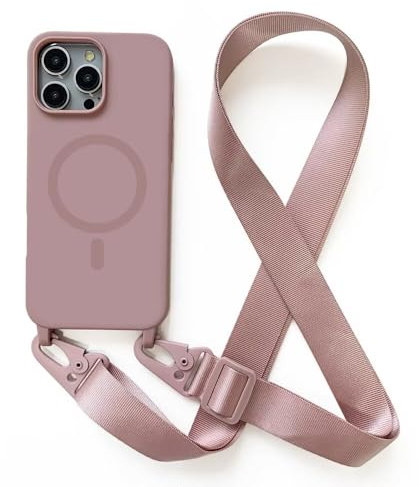 Leather Armor Handykette Hülle für iPhone 15 Pro Max(6.7) mit Band Halsband Lanyard (abnehmbar) Handyhülle, Verstellbarer Lanyard.Magnetisch Stoßfest Silikonhülle Wireless Charging kompatibel .-Rosa