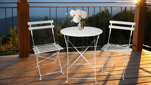 Generisch Outdoor Sitzgruppe 613-402088 Bistro-Set 3-TLG. Weiß Klapptisch Rund mit 2 Klappstühlen Balkon Garnitur 3-teilig zusammenklappbar Garten Sitzgruppe 3-Teilig Camping Möbelgruppe