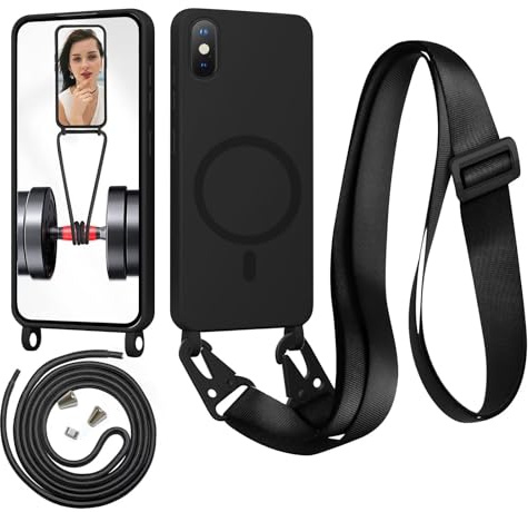 Beajew Handykette für iPhone X/iPhone XS Hülle mit Band [Kompatibel mit Magsafe] Flüssig Silikon Necklace Handyhülle Magnetische Schutzhülle zum Umhängen Kordel für iPhone X/iPhone XS, Schwarz