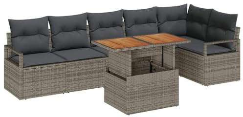 vidaXL 7-teiliges Garten-Sofa-Set mit Kissen aus grauem Rattan, wetterfest, modulares Outdoor-Möbel, perfekt für Terrasse und Balkon, Sitzmöbel für draußen, ausziehbares Sofa für die Terrasse