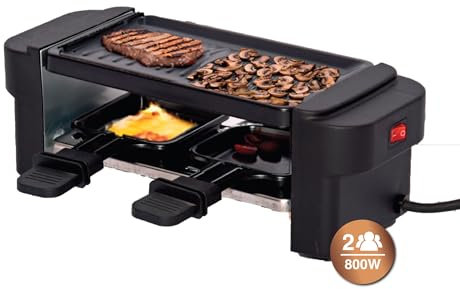 Cookitch Raclette Eléctrica para 2 Personas – 400W, Placa de Hierro Fundido Extraíble, Superficie Antiadherente, Voltaje 220–240V, 2 Sartenes, Ideal para Parrilladas Saludables