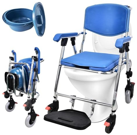 VFDZ Toilettenstuhl mit Rollen 150kg, 4-in-1 Duschstuhl für Senioren | Toilettenstuhl Klappbar mit 4 Bremsen, Duschstuhl mit Armlehnen und Rückenlehne für Senioren, Schwangere, Behinderte