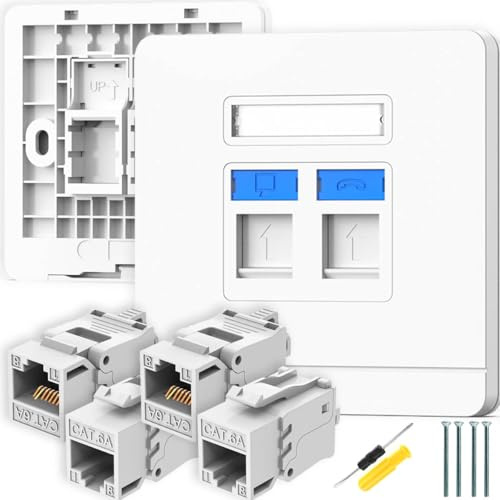 Acmerota 2Pcs RJ45 Socket Cat5e Ethernet Socket CAT5e Ethernet Faceplate RJ45 Double Port Wall Sockets for CAT5E/CAT5 Network Cable with 2 Keystone Jack, CAT 5e Setup for Printers, VoIP, Phones