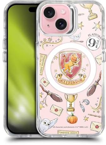Head Case Designs Officially Licensed Harry Potter Gryffindor Pattern Magical Icons Shockproof Bumper Case [Military Grade Protection] Compatible with Apple iPhone 15 and Compatible with MagSafe