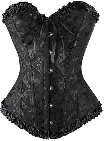 Corset Negro Disfraz Mujer Corse Medieval Halloween Top Bustier con Cordones, Black Corpiño Palabra de Honor Corsé Gótico Palacio Cordet Overbust Cintura para Carnava Cosplay Fiesta Outfit