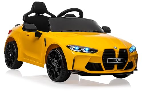 Offiziell lizenziert – BMW M4 Kinder Elektroauto 12V mit 2,4G Fernbedienung - 2 Motor, LED Scheinwerfer, Hupe & Musik - Elektrofahrzeug mit Sicherheitsgurt für Kinder 3-6 Jahre, Gelb