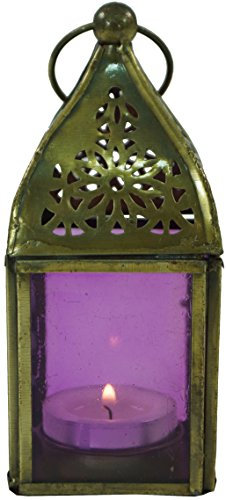 GURU SHOP Glaslaterne, Windlicht, Teelichthalter aus Messing, Lila, Farbe: Lila, 13x5,5x5,5 cm, Orientalische Laternen