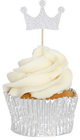 Glitter Crown Cupcake Toppers - 12pk Cake Decoration, Birthday, Princess, Pick, Pics (Silver Glitter)