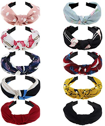DRESHOW 10 Stück Damen Boho Stirnbänder Kopfband Haarband Elastische Weiche Breite Stirnband Niedlich Haarschmuck Stoff Haarreif für Frauen und Mädchen