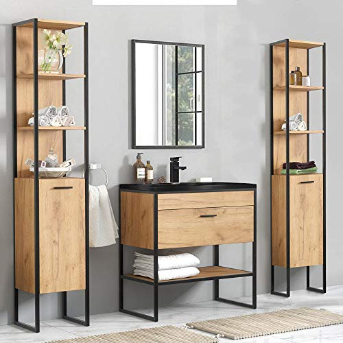 Lomadox Komplett Badezimmermöbel Set im Industrial Design, Eiche mit schwarz, mit 80cm Keramik-Waschtisch