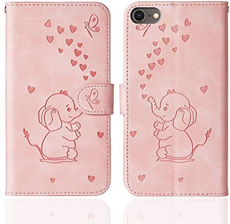 Ailisi für iPhone 7/iPhone 8/SE 2020/SE 2022 Hülle, Karikatur Elefant Muster Leder Handyhülle Brieftasche Schutzhülle Leder Flip Case Wallet Cover Klapphüllen Tasche Etui mit Kartenfächern -Rosa
