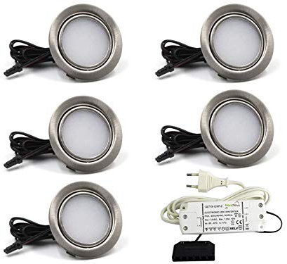 vislux LED Einbaustrahler 12V 3000K Warmweiß 3W, einbaustrahler LED flache 12V/230V 190LM Bohrloch 55-60mm und 16mm flach, Möbeleinbauleuchte Einbauspots mit 1,8m Kabel, Edelstahlgebürstet - (5er SET)