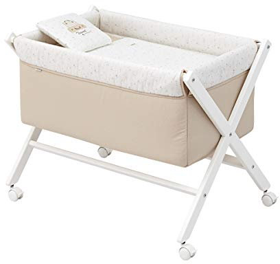 Cambrass - Mini-Babybett mit gekreuzten Beinen und Rollen mit Bremsen, Babybett für die ersten Monate des Babys, leicht zu transportieren, Beige/BCO 55 x 87 x 74 cm