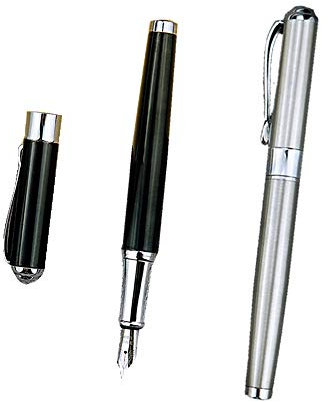 2 Pcs Classic Fountain Pens Smooth Stainless Steel Pen Set Refillable Cartridge Pen Stationery (Black, Silver)