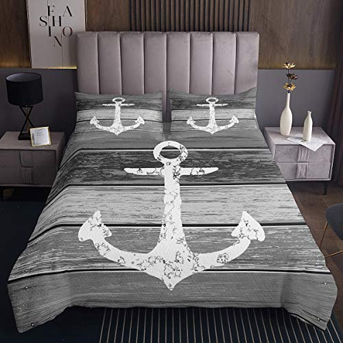 Anker Steppdecke Nautisches Thema Tagesdecke 220x240cm Vintage Timeworn Verwitterte Holzbretter Rustikales Bettüberwurf Wohndecke Luxus Dekor 3St,Grau