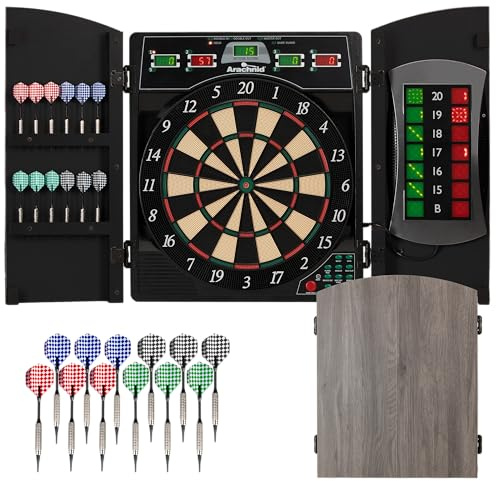 Arachnid Cricket Maxx 4.0 Electronic Dartboard Cabinet Set - Stylish Woodgrain Doors - 37 Game Types with 217 Variations - Heckler Feature + Solo Play - Includes Six Soft Tip Darts