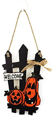 Alnicov Couronne de bienvenue effrayante en forme de citrouille pour Halloween, décoration de porte d'entrée, panneau en bois à suspendre, décoration d'extérieur, accessoire photo (carré)