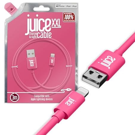 Juice Apple iPhone Lightning 3m Charger and Sync Cable for Apple iPhone 13, 13 Pro, 12, 12 Mini, SE, 11, XS, XR, X, 8, 7, 6, 5, iPad, Airpods Pro - Raspberry