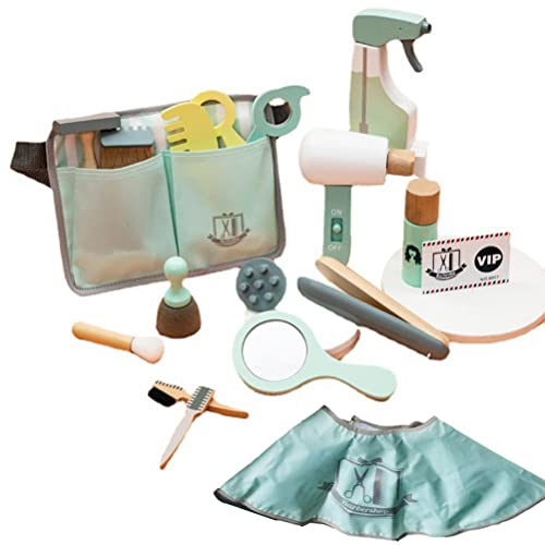 CeFurisy Kids Hairdressing Set 18 Pcs Wooden Simulation Haircut Bag Makeup Role Play Toy Set,Gifts for 3 4 5 Years Old Girls Boys