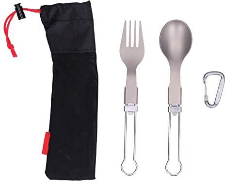 Set di posate in titanio, forchetta e cucchiaio, set di posate da campeggio, set di posate pieghevoli in acciaio inossidabile con borsa per il trasporto per l'escursionismo picnic in viaggio