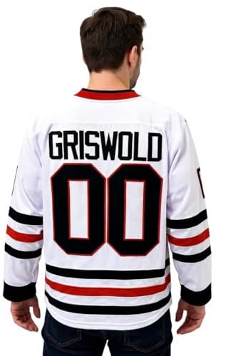 Clark Griswold 00 Deluxe Hockey-Trikot, bestickt, Weihnachtsgeschenk, Chicago-Teamuniform, weißer Pullover, Urlaubsparty, Weiss/opulenter Garten, L